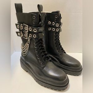 ZARA LOW HEEL LACED LEATHER BOOTS CHAINS SZ 7.5